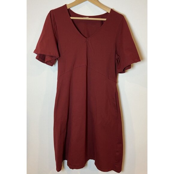 Pact Midi Dress A Line Pockets Flutter Sleeves Organic Cotton Maroon Red Large L - Picture 1 of 4